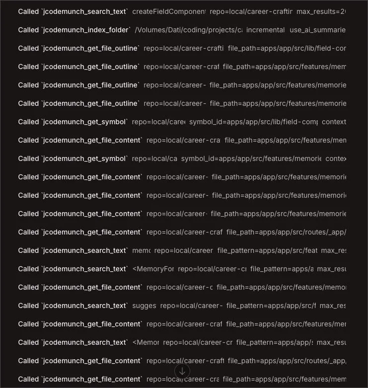 Sample of MCP jCodeMunch calls